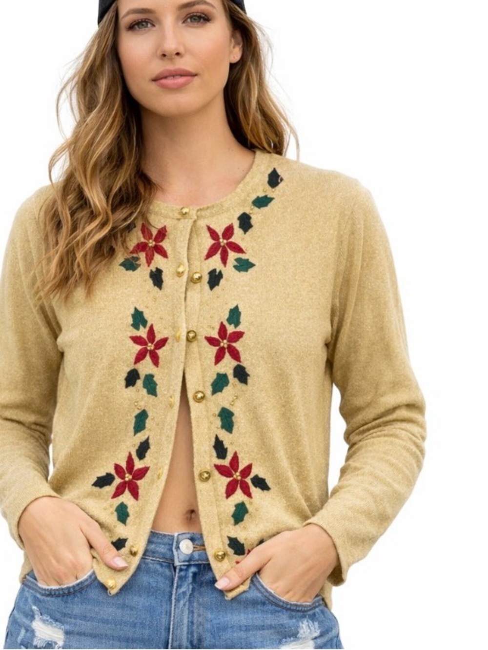 Dress Barn Poinsettia Christmas Holiday Gold embroidered Cardigan Sweater SZ L
